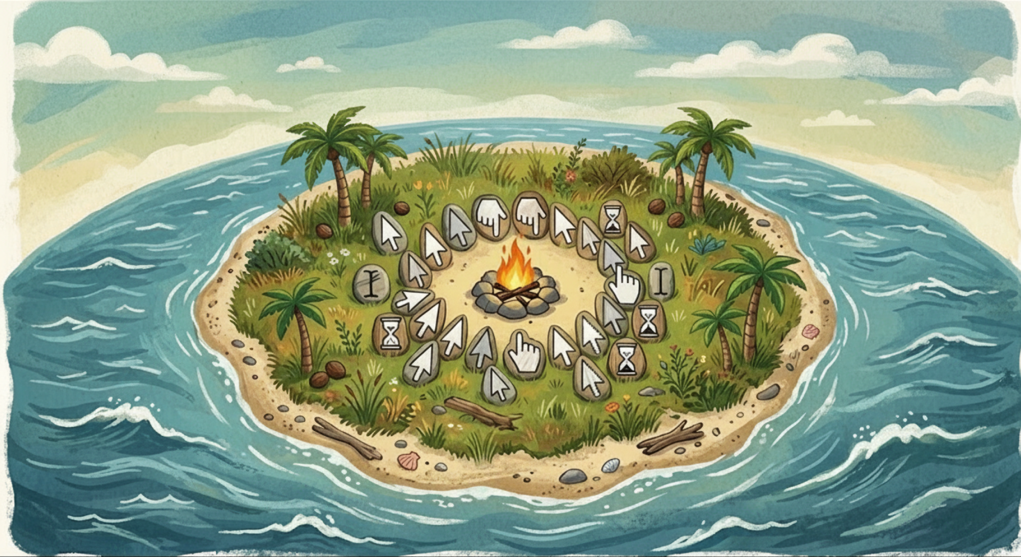 Design Island, cursors gathered around a campfire on a tropical island
